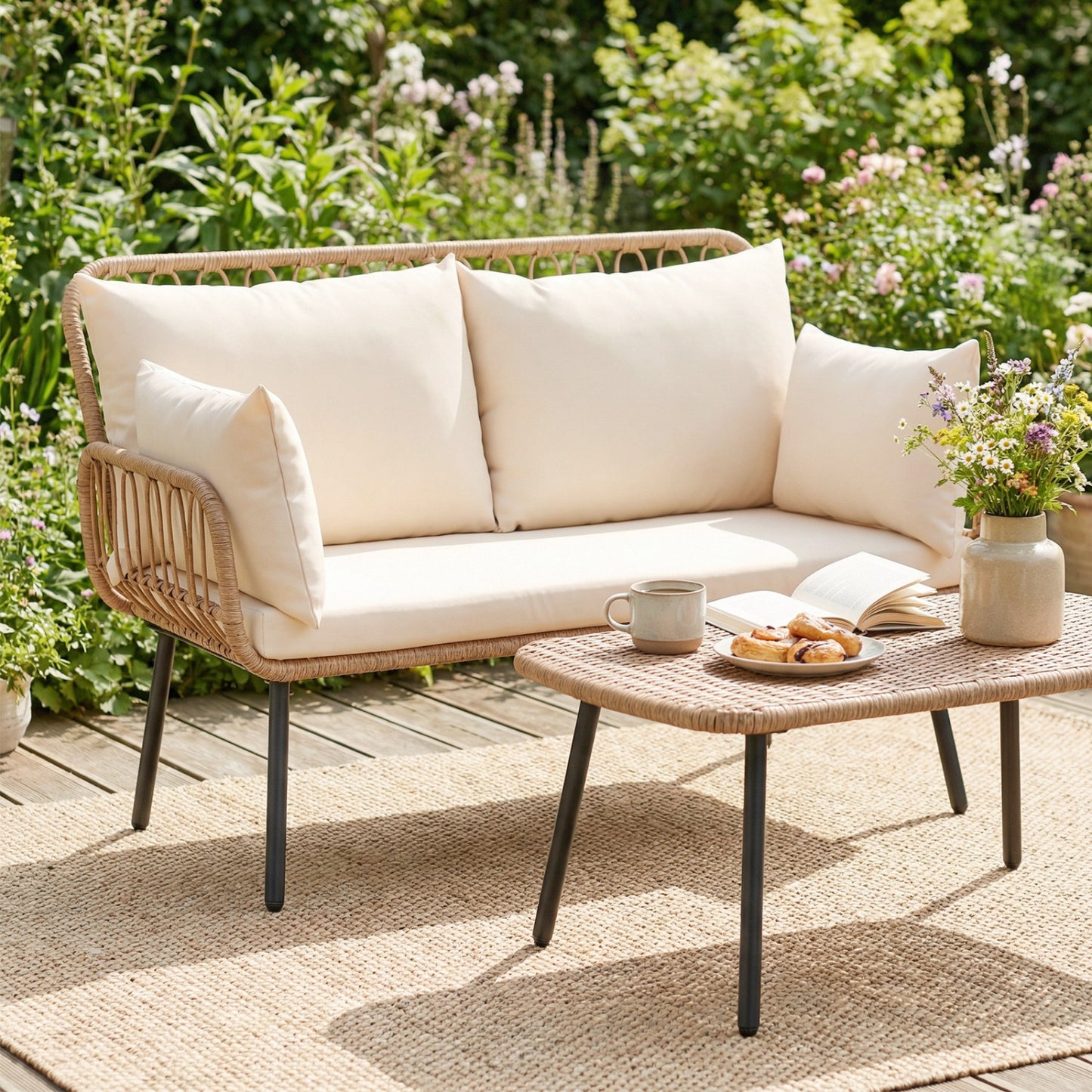 PE Rattan Patio Loveseat 2-Seater Sofa With Pillows, Beige