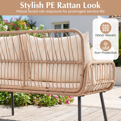 PE Rattan Patio Loveseat 2-Seater Sofa With Pillows, Beige
