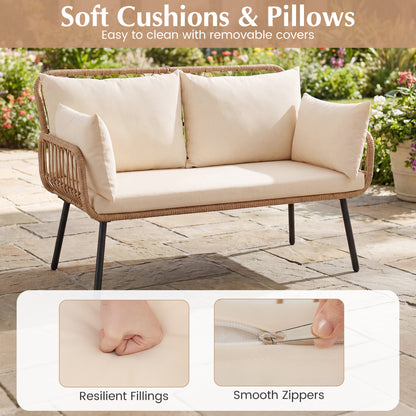 PE Rattan Patio Loveseat 2-Seater Sofa With Pillows, Beige