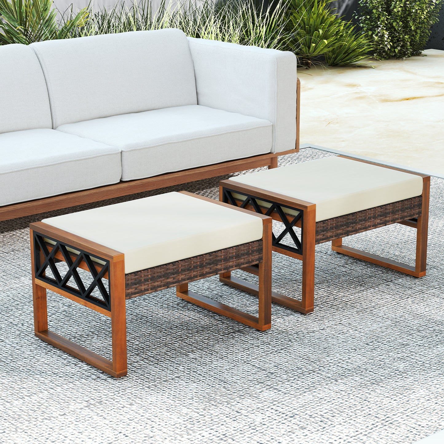 PE Rattan Wicker Ottomans Set of 2 with Removable Cushions, Beige Outdoor Seating & Patio Chairs at Gallery Canada