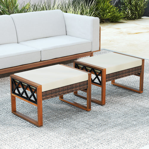 PE Rattan Wicker Ottomans Set of 2 with Removable Cushions, Beige