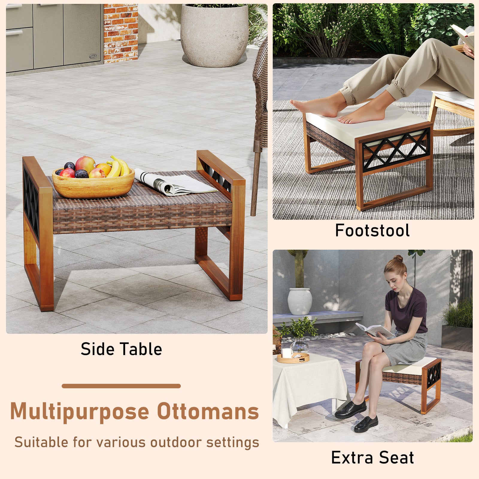 PE Rattan Wicker Ottomans Set of 2 with Removable Cushions, Beige Outdoor Seating & Patio Chairs at Gallery Canada