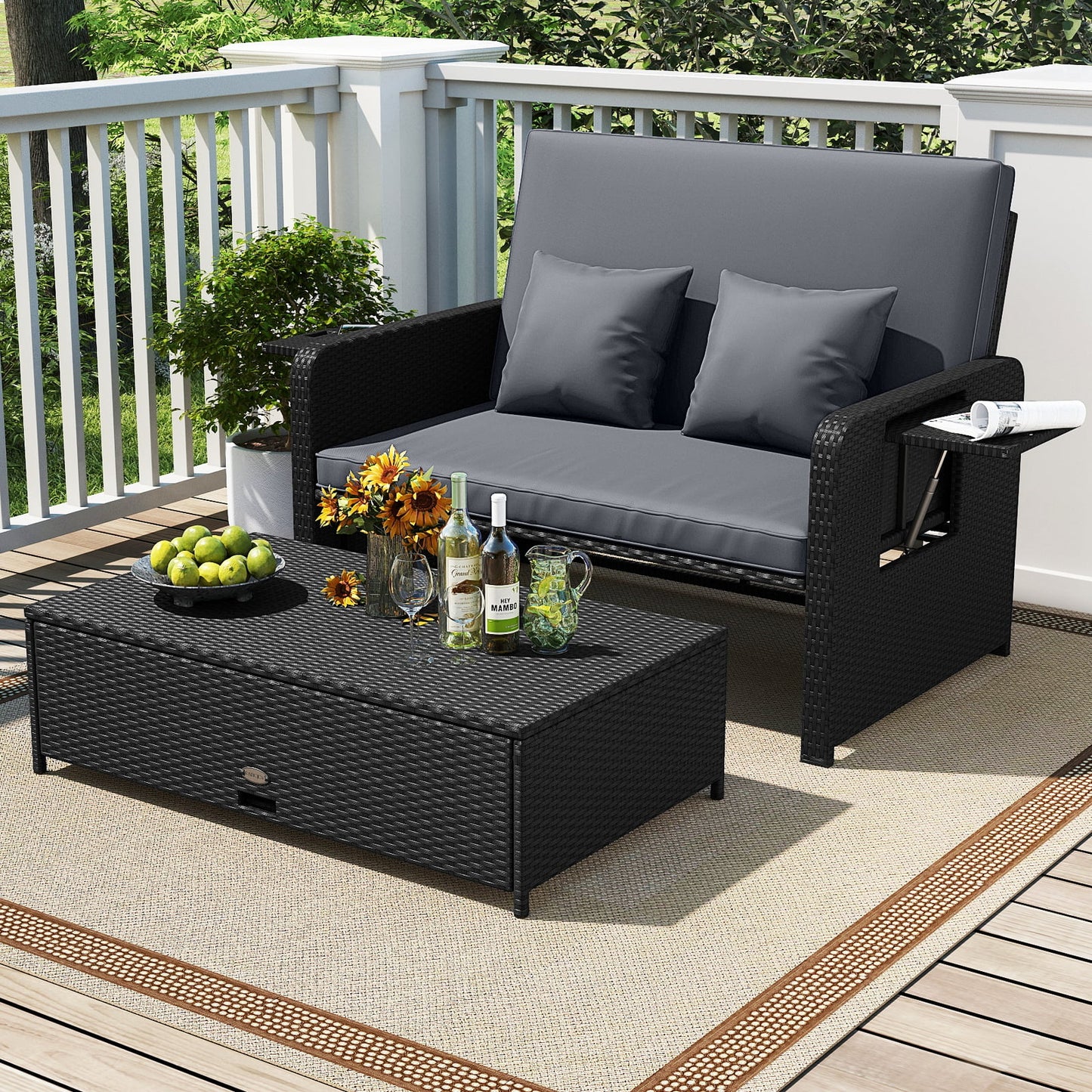 PE Wicker Outdoor Daybed with 4-Level Adjustable Backrest and Storage Ottoman, Gray