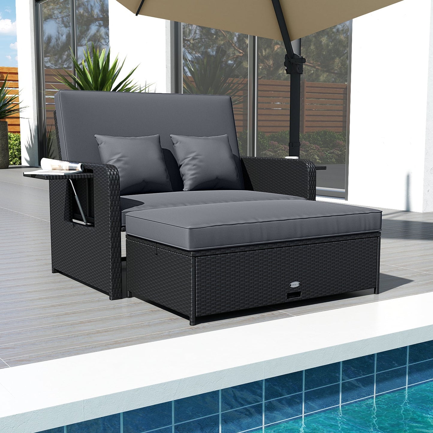 PE Wicker Outdoor Daybed with 4-Level Adjustable Backrest and Storage Ottoman, Gray