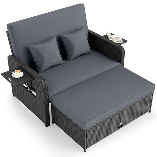 PE Wicker Outdoor Daybed with 4-Level Adjustable Backrest and Storage Ottoman, Gray