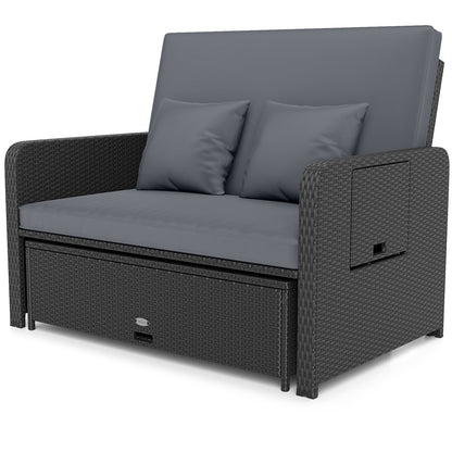 PE Wicker Outdoor Daybed with 4-Level Adjustable Backrest and Storage Ottoman, Gray