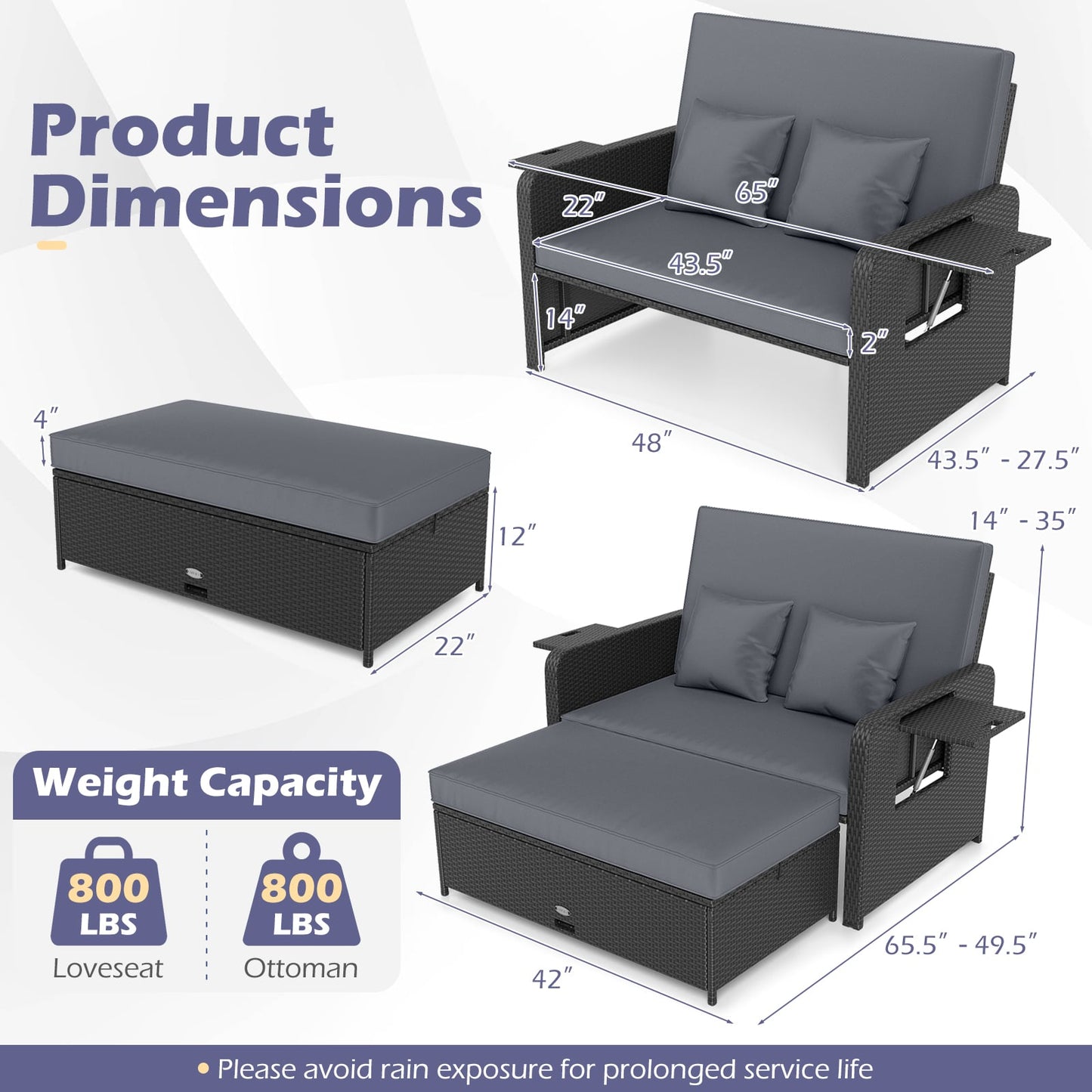 PE Wicker Outdoor Daybed with 4-Level Adjustable Backrest and Storage Ottoman, Gray