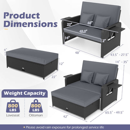 PE Wicker Outdoor Daybed with 4-Level Adjustable Backrest and Storage Ottoman, Gray
