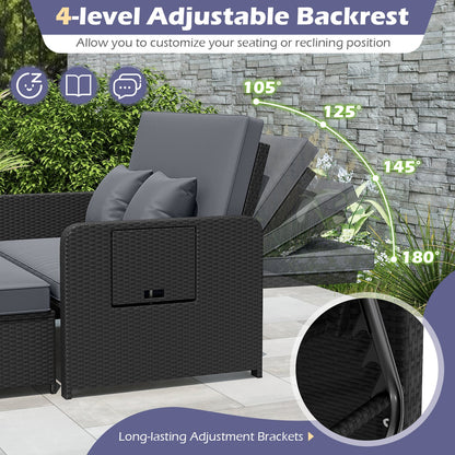 PE Wicker Outdoor Daybed with 4-Level Adjustable Backrest and Storage Ottoman, Gray