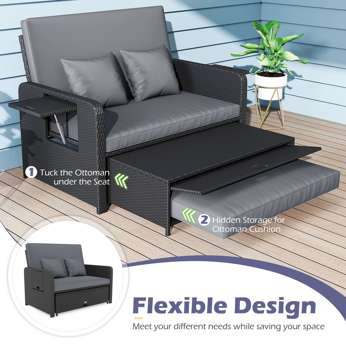 PE Wicker Outdoor Daybed with 4-Level Adjustable Backrest and Storage Ottoman, Gray