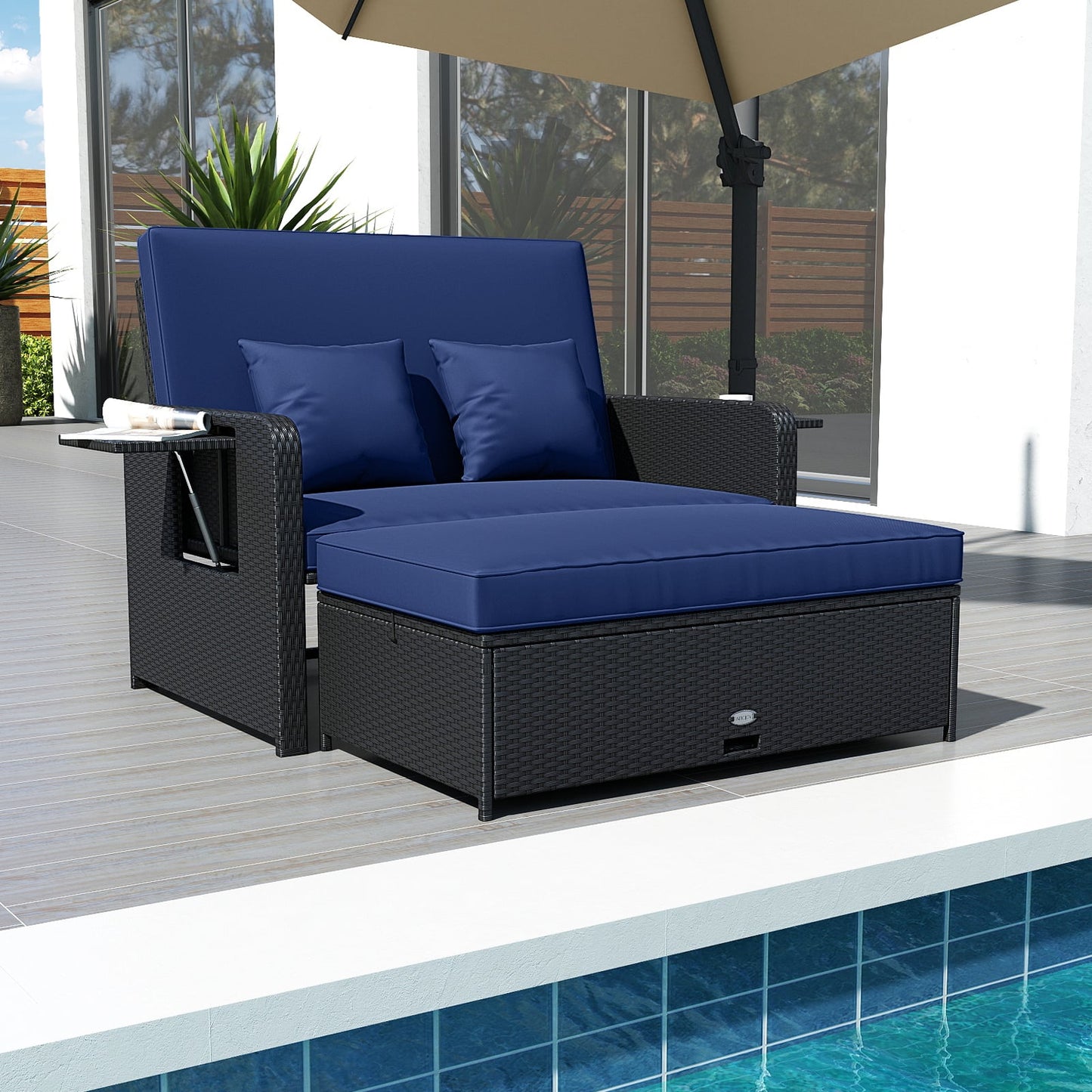 PE Wicker Outdoor Daybed with 4-Level Adjustable Backrest and Storage Ottoman, Navy