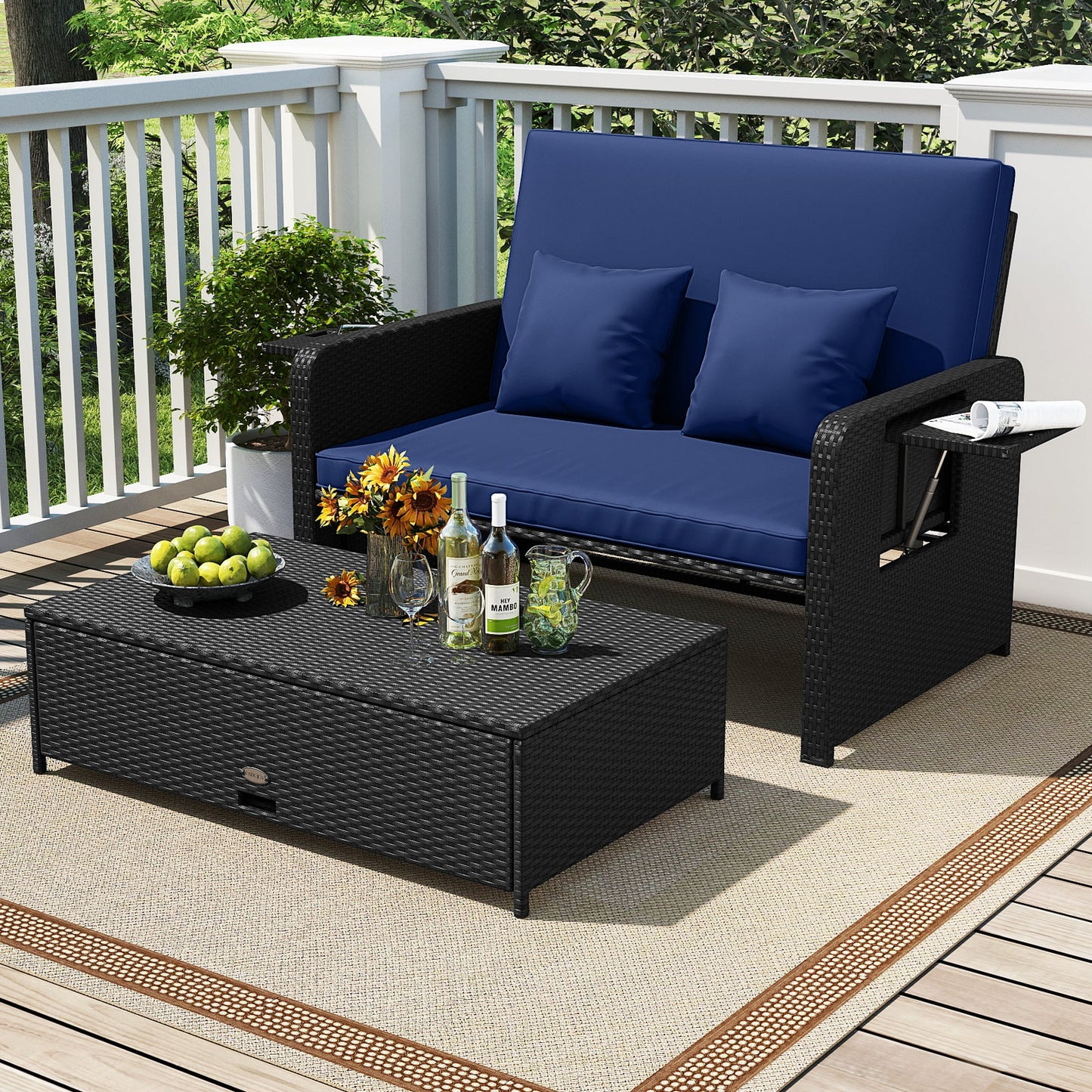 PE Wicker Outdoor Daybed with 4-Level Adjustable Backrest and Storage Ottoman, Navy