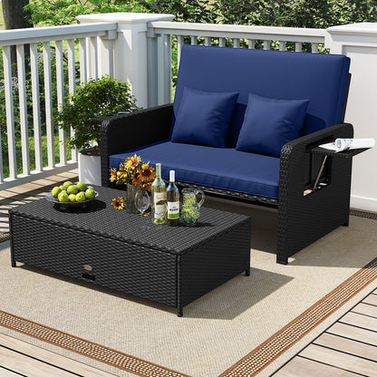 PE Wicker Outdoor Daybed with 4-Level Adjustable Backrest and Storage Ottoman, Navy
