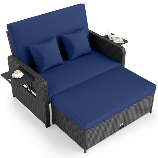 PE Wicker Outdoor Daybed with 4-Level Adjustable Backrest and Storage Ottoman, Navy