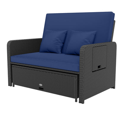 PE Wicker Outdoor Daybed with 4-Level Adjustable Backrest and Storage Ottoman, Navy