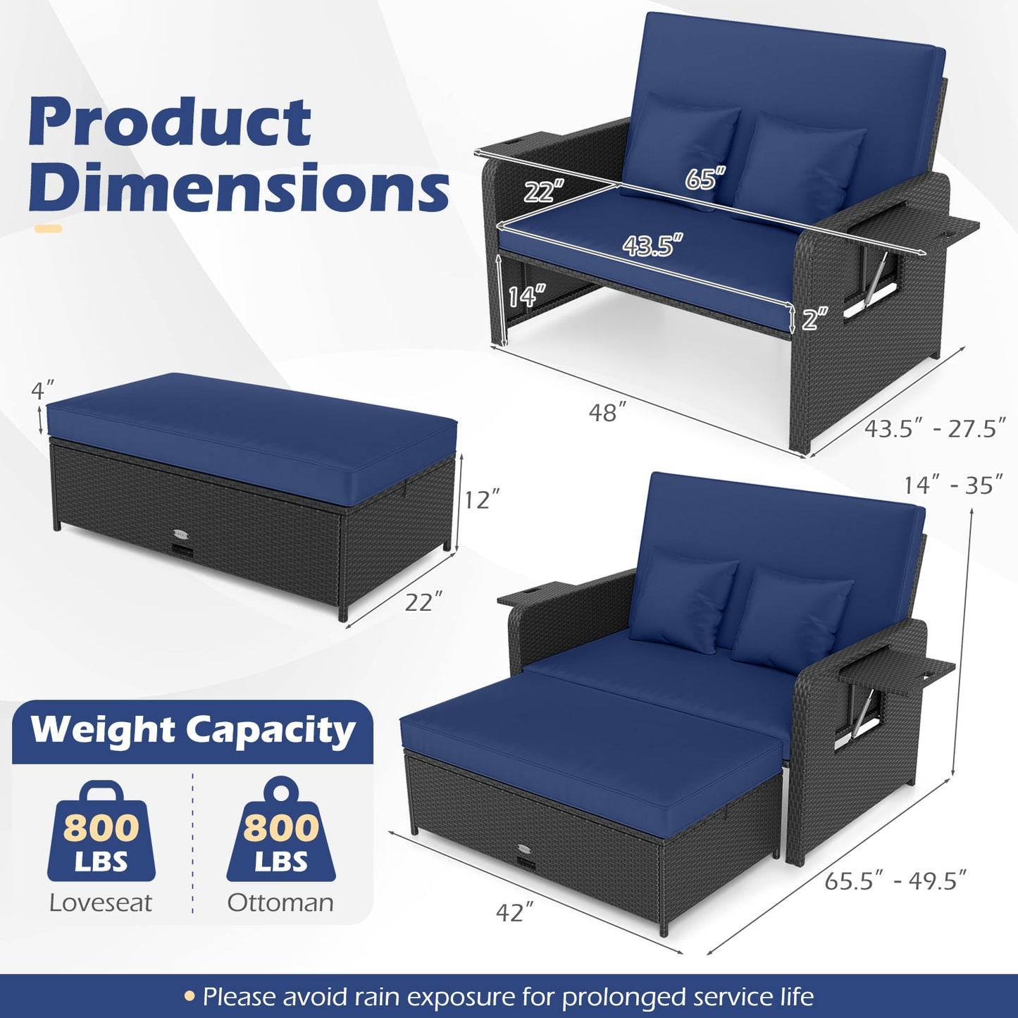 PE Wicker Outdoor Daybed with 4-Level Adjustable Backrest and Storage Ottoman, Navy