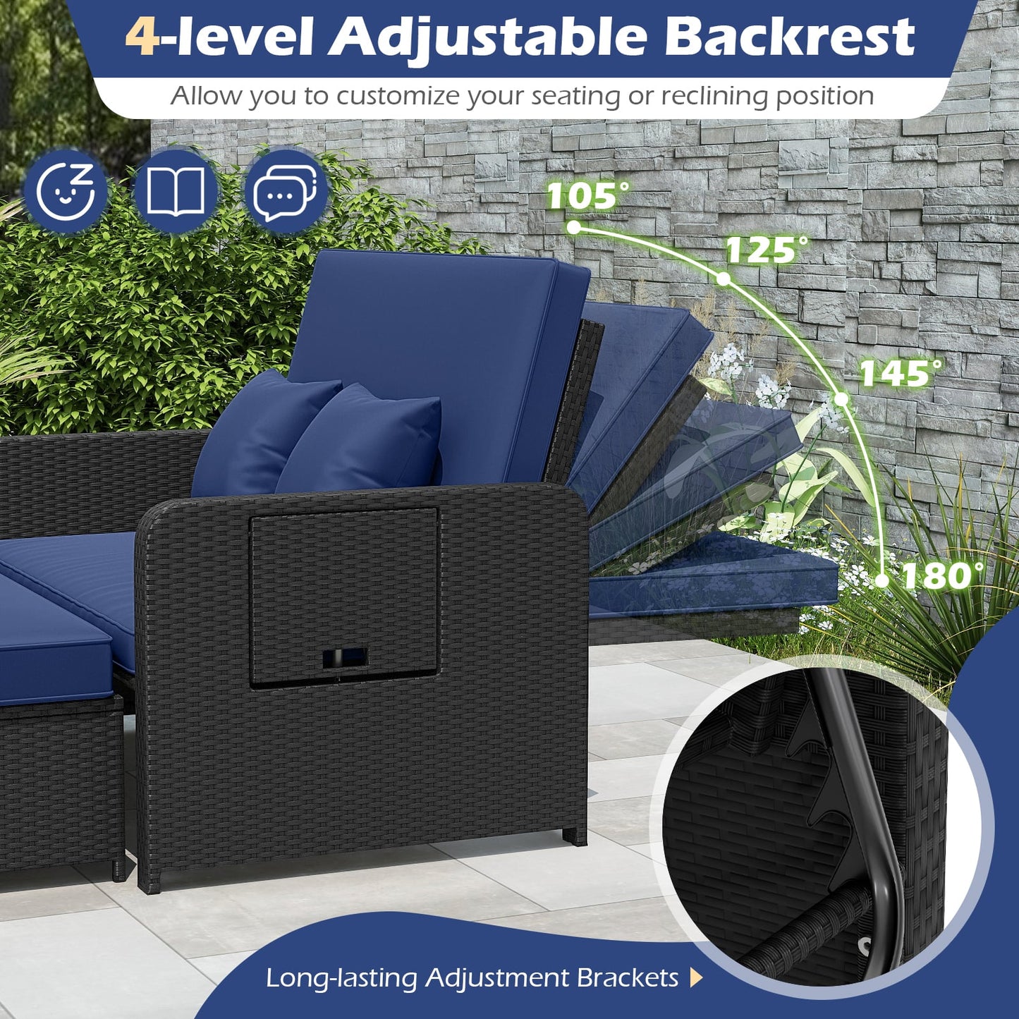 PE Wicker Outdoor Daybed with 4-Level Adjustable Backrest and Storage Ottoman, Navy
