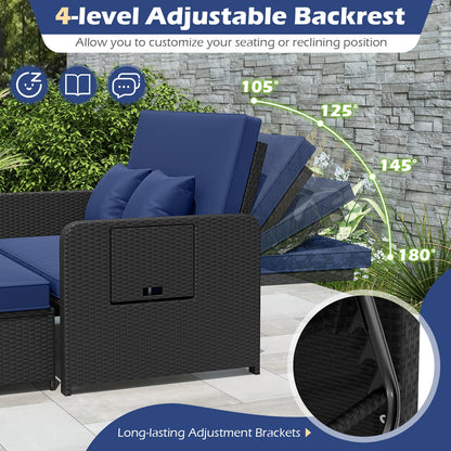 PE Wicker Outdoor Daybed with 4-Level Adjustable Backrest and Storage Ottoman, Navy