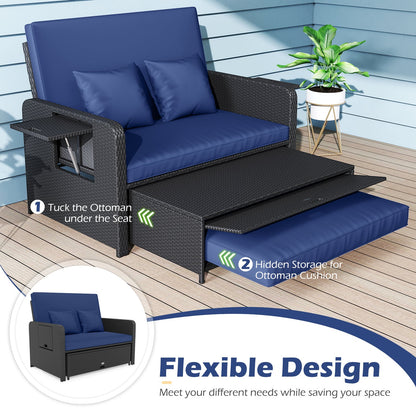 PE Wicker Outdoor Daybed with 4-Level Adjustable Backrest and Storage Ottoman, Navy