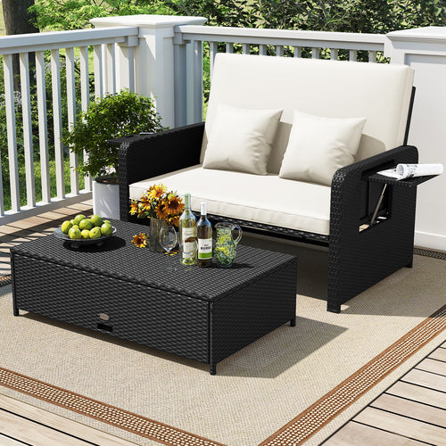 PE Wicker Outdoor Daybed with 4-Level Adjustable Backrest and Storage Ottoman, White