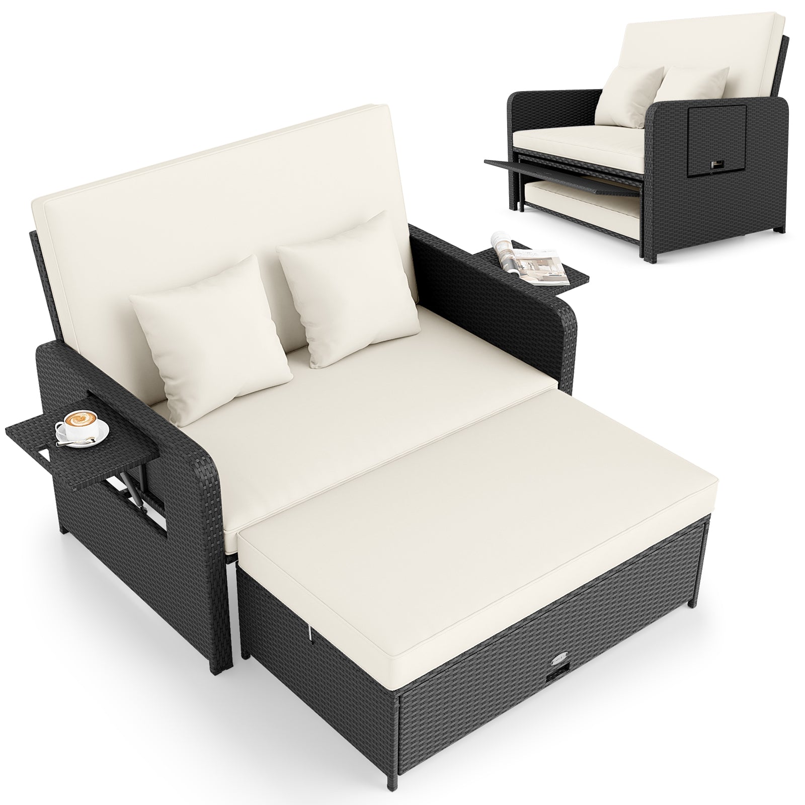 PE Wicker Outdoor Daybed with 4-Level Adjustable Backrest and Storage Ottoman, White Outdoor Sectionals at Gallery Canada