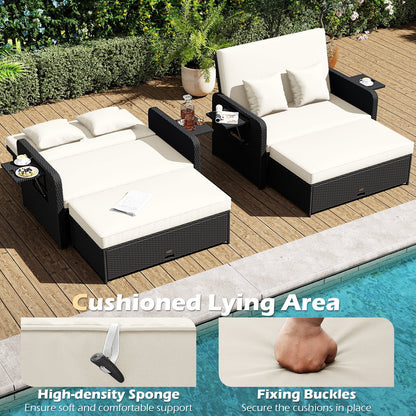 PE Wicker Outdoor Daybed with 4-Level Adjustable Backrest and Storage Ottoman, White