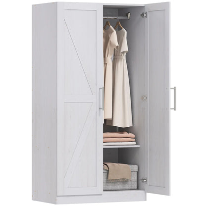 Farmhouse Armoire Wardrobe, 2 Barn Doors, White Wood Effect, White