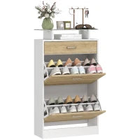 Slim Shoe Cabinet, 2 Flip Drawers, Adjustable Shelves, Drawer, Glass Top