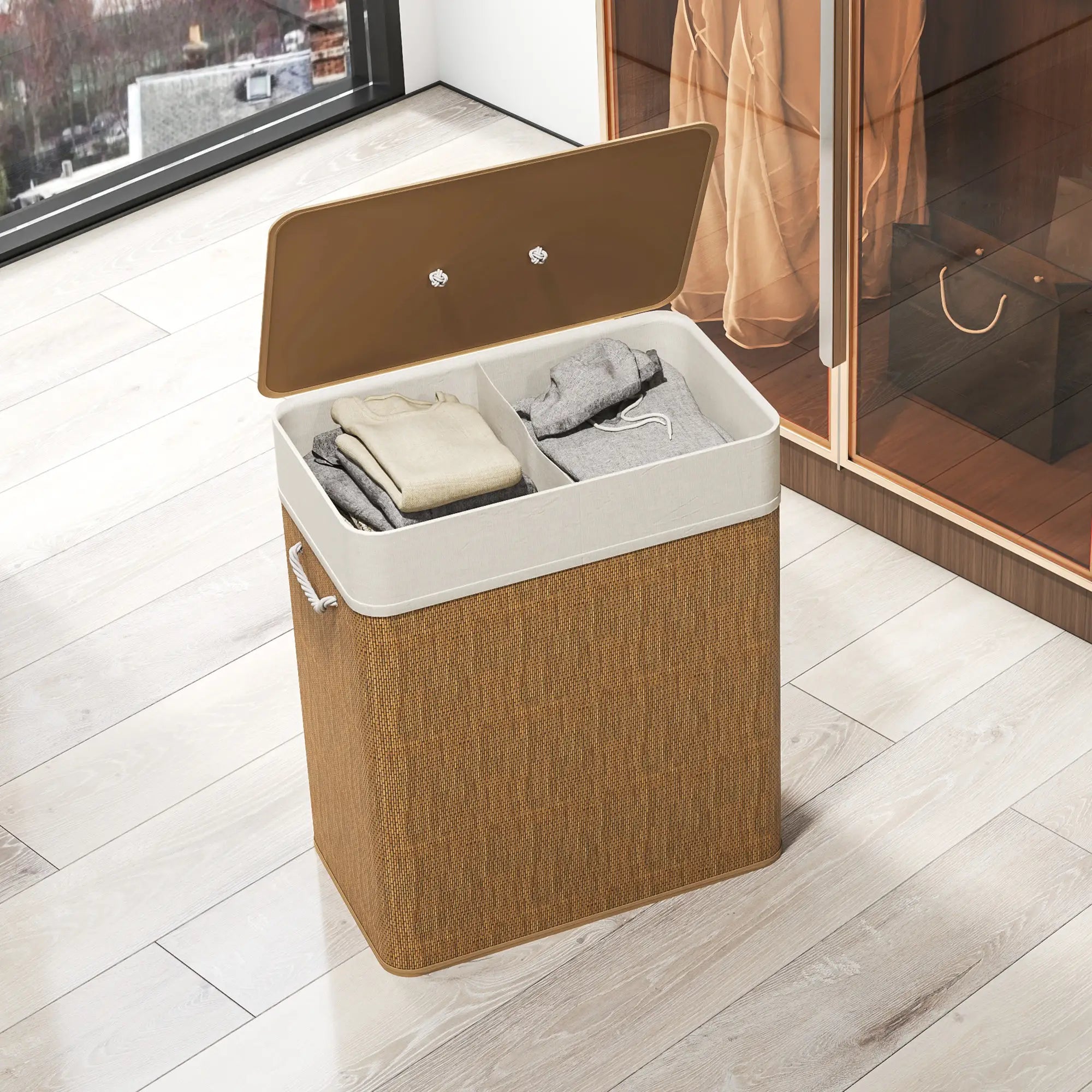 Double Laundry Basket with Lid, 100L Bamboo Hamper, Removable Bags, Brown Clothing Storage at Gallery Canada