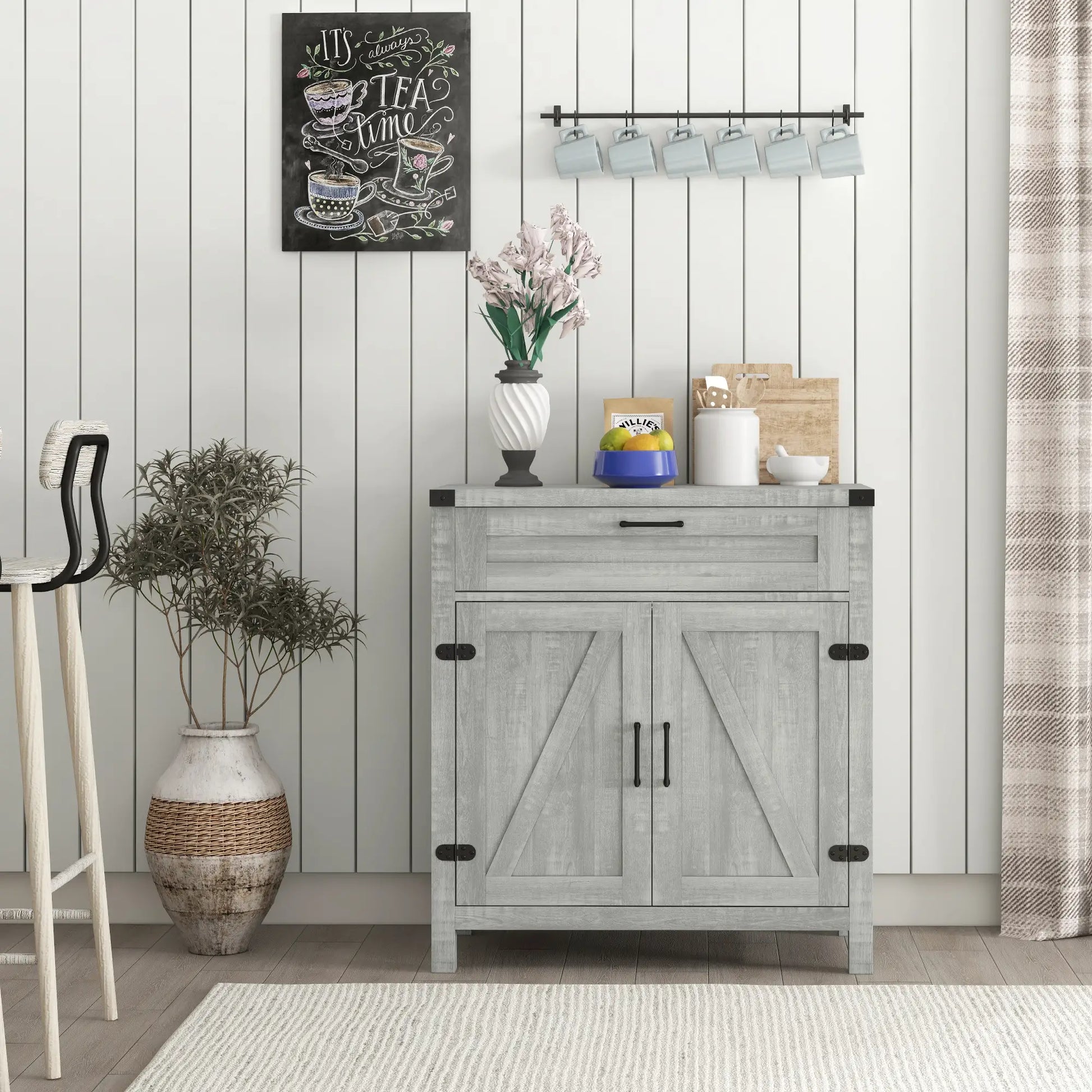 Farmhouse Kitchen Cabinet, Sideboard with 2 Barn Doors, Drawer, Grey Bar Cabinets at Gallery Canada