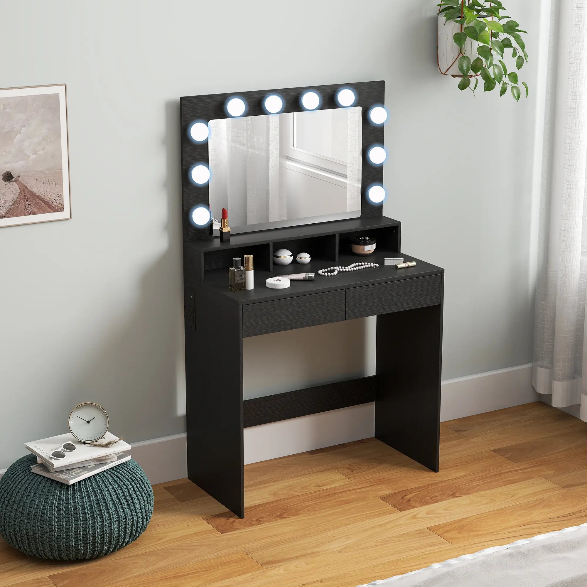 Vanity Table With LED Mirror, Charging Station, Drawers, Black Dressing & Vanity Tables at Gallery Canada