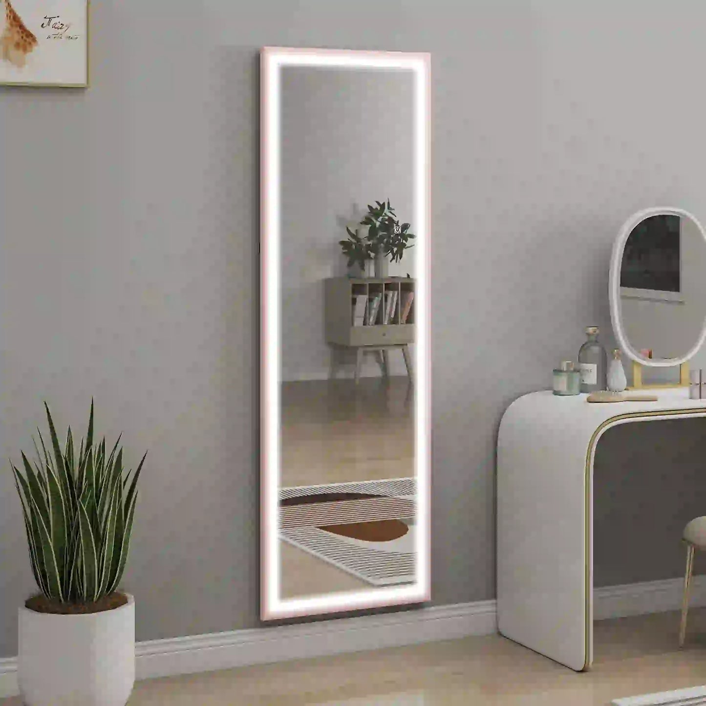 LED Mirror, Dimmable 3 Color Lights, 64" x 21" Rectangular, Pink Full Length Mirrors at Gallery Canada