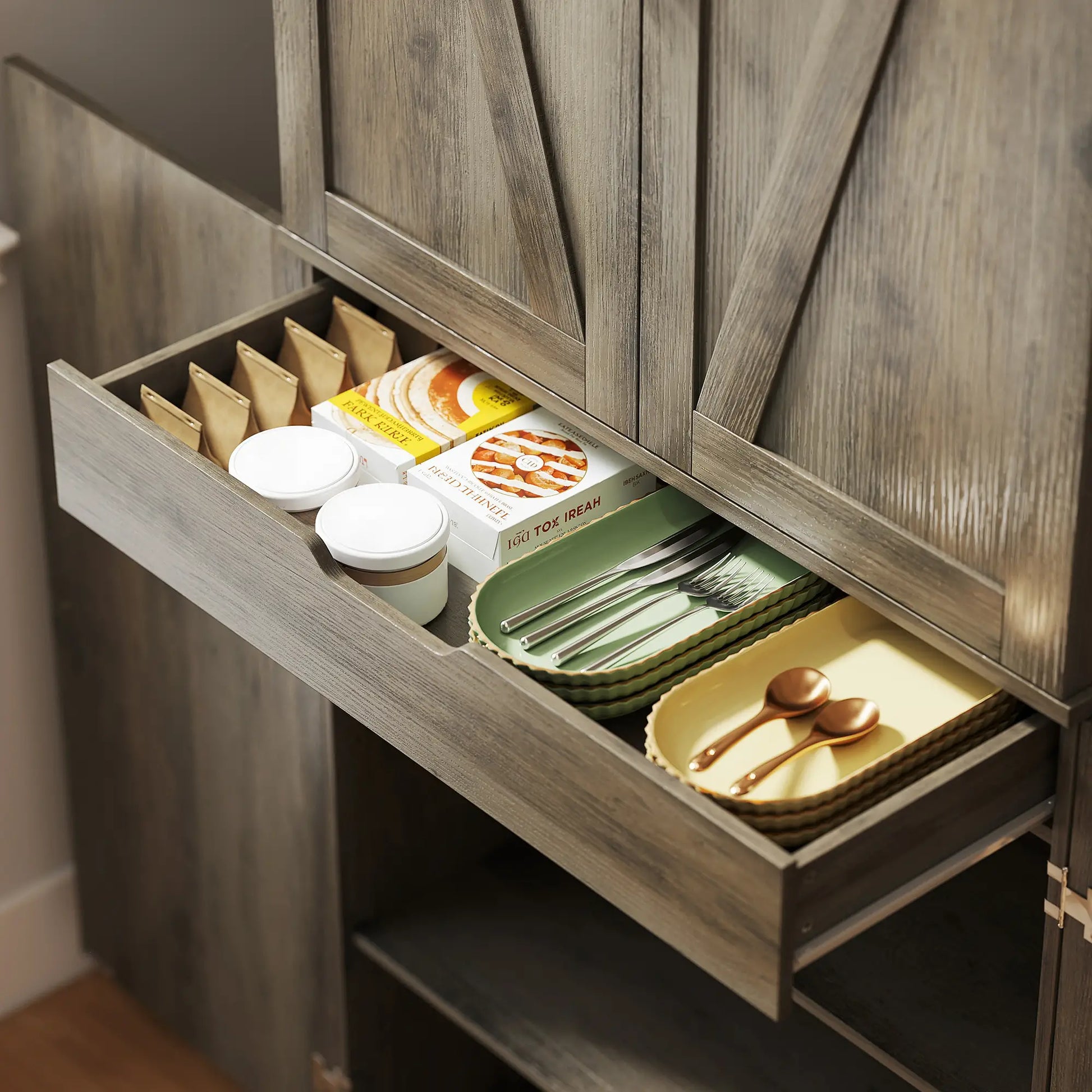 72 Inch Kitchen Pantry Cabinet, Farmhouse Storage with 4 Doors, Drawer, Grey Kitchen Pantry Cabinets at Gallery Canada