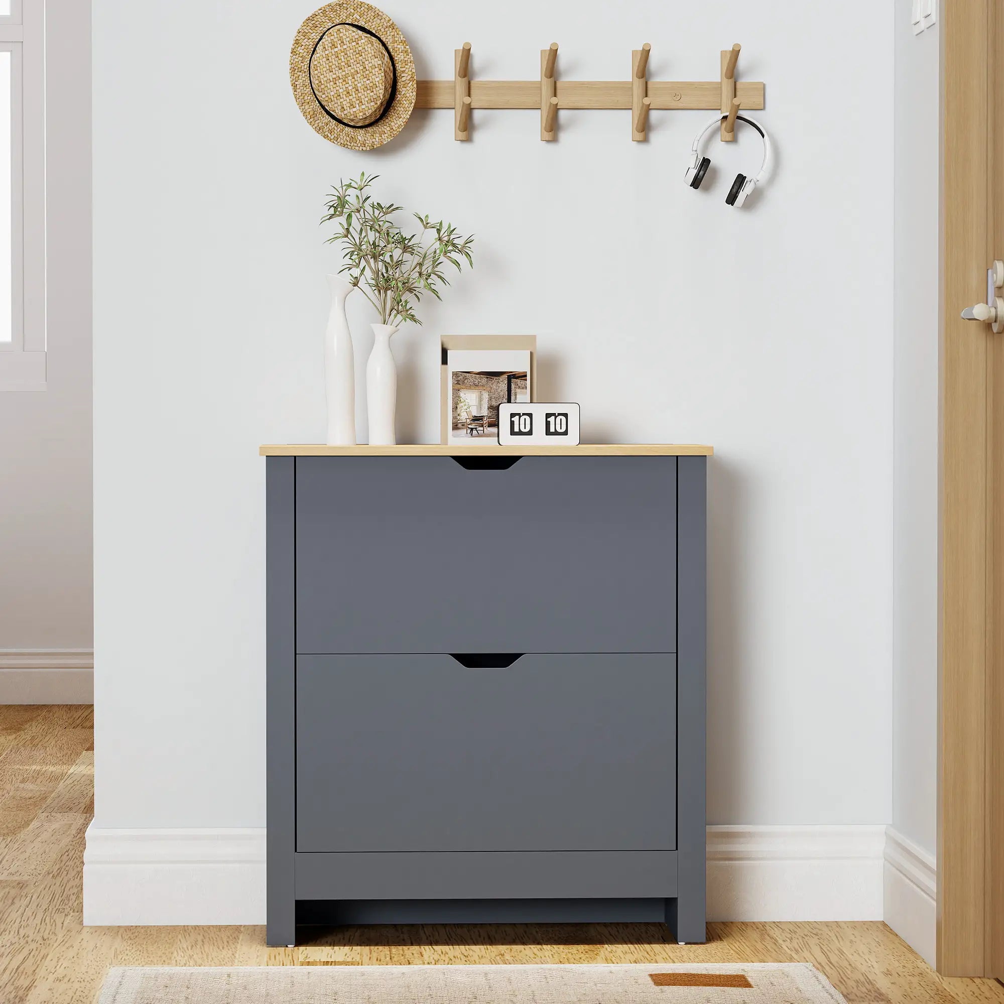 Shoe Storage Cabinet, 2 Flip Drawers, Adjustable Shelves, 12 Pairs, Dark Grey Shoe Storage Cabinets & Racks at Gallery Canada