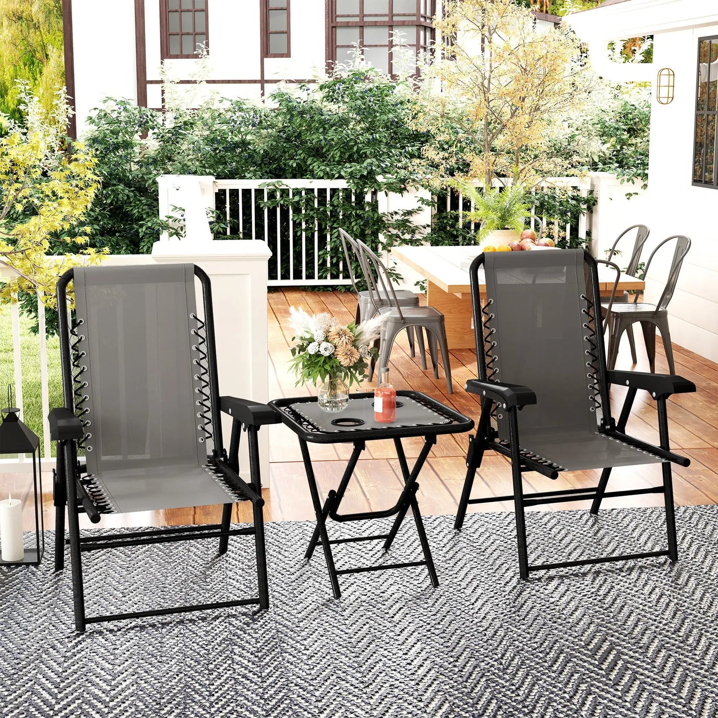 3 Piece Patio Bistro Set, Outdoor Folding Table And Chairs, Metal Furniture With Cup Holders Bistro Sets at Gallery Canada