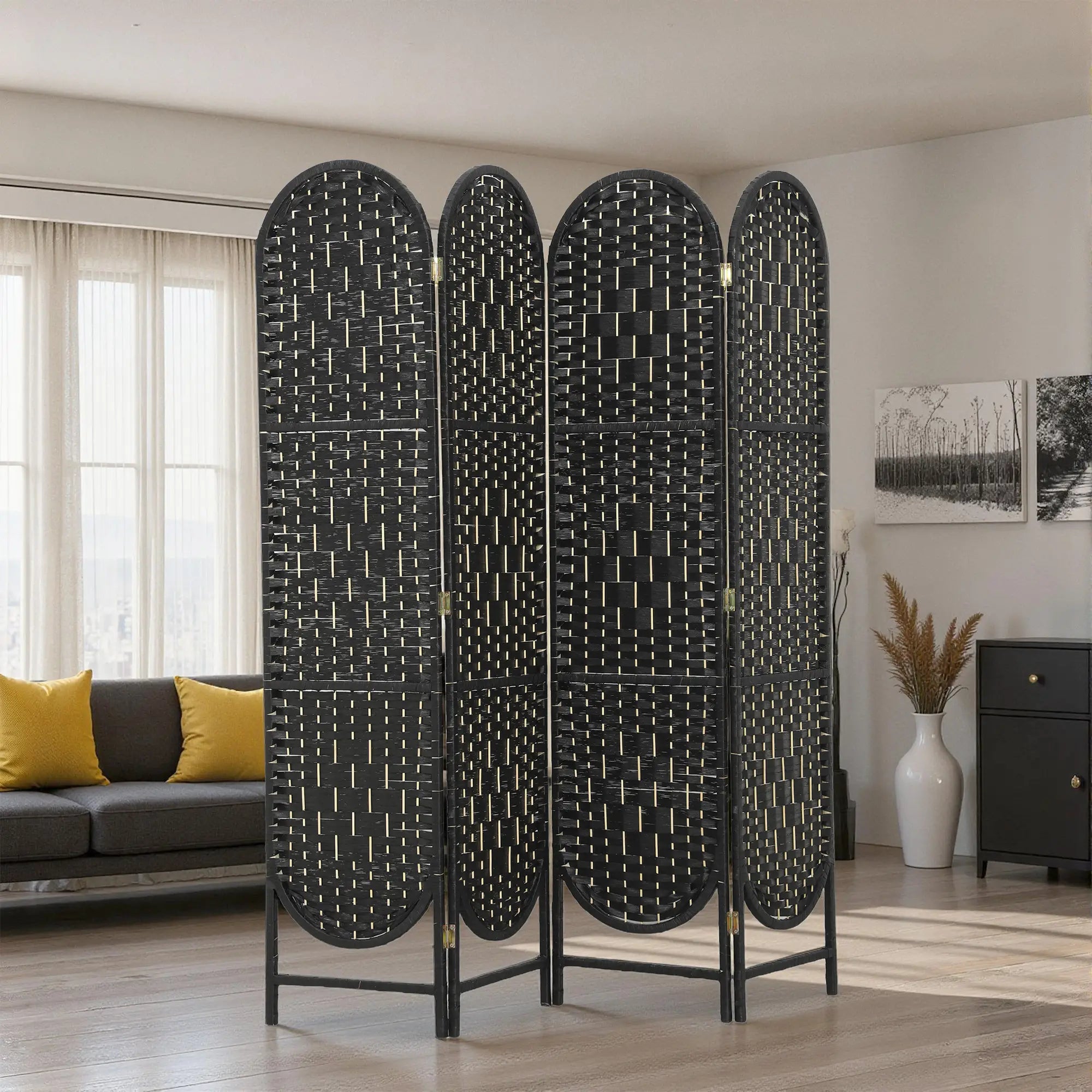 Bohemian Privacy Screen, 4 Panel Folding Room Divider, Arched Top, Black Room Dividers at Gallery Canada