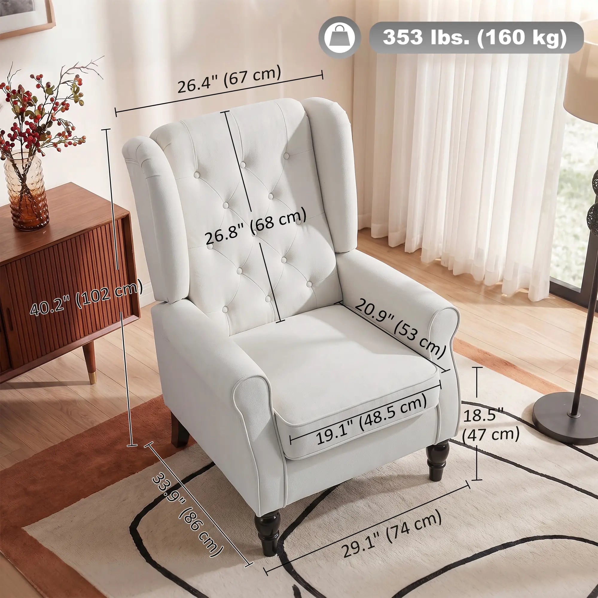 Modern Wingback Chair, Tufted Fabric Armchair With Wood Legs, White Accent Chairs at Gallery Canada