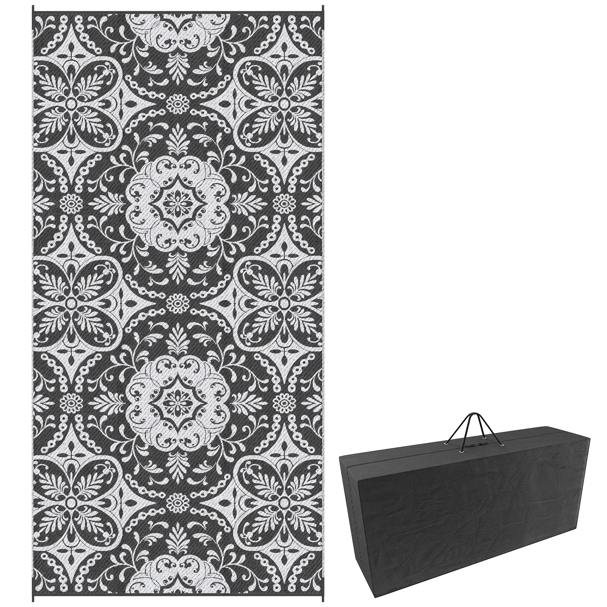 Portable Outdoor Rug with Carry Bag, 9' x 18', Waterproof, White Flower, Gray Outdoor Reversible Rugs Options at Gallery Canada