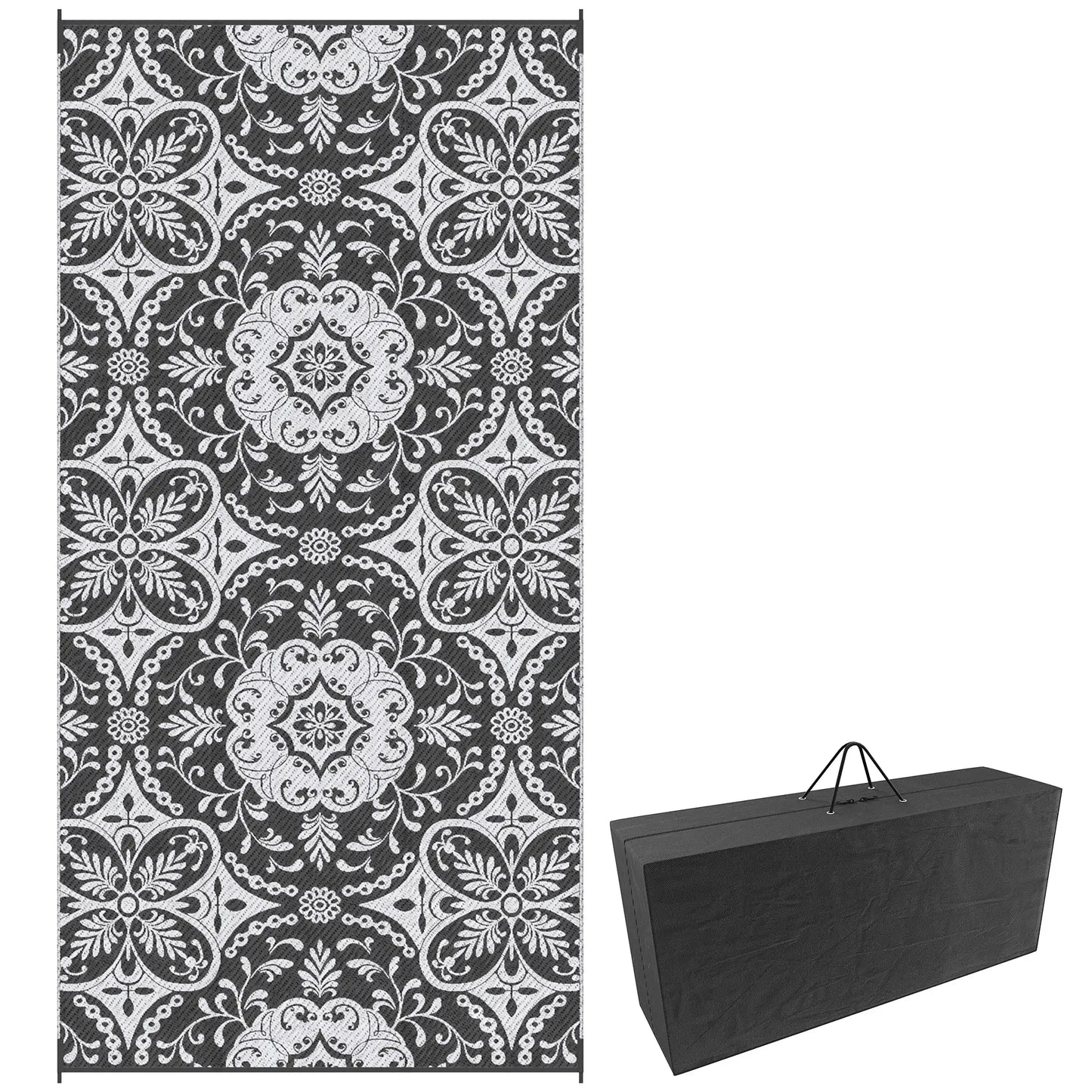 Portable Outdoor Rug with Carry Bag, 9' x 18', Waterproof, White Flower, Gray Outdoor Reversible Rugs Options at Gallery Canada