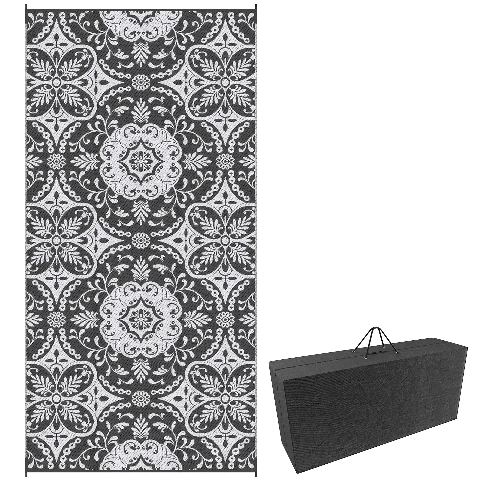 Portable Outdoor Rug with Carry Bag, 9' x 18', Waterproof, White Flower, Gray Outdoor Reversible Rugs Options at Gallery Canada