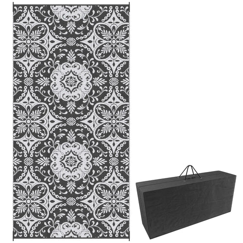 Portable Outdoor Rug with Carry Bag, 9' x 18', Waterproof, White Flower, Gray