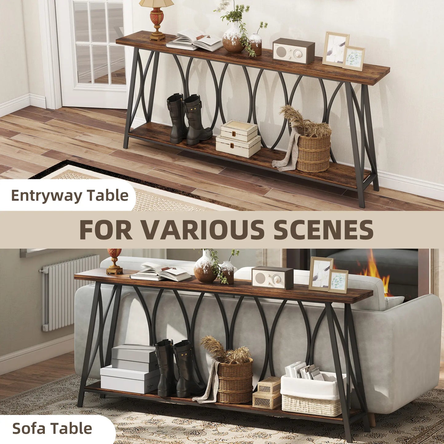 71" Console Table, Industrial 2-Tier Narrow Entryway Table, Rustic Brown, Brown Console Tables at Gallery Canada