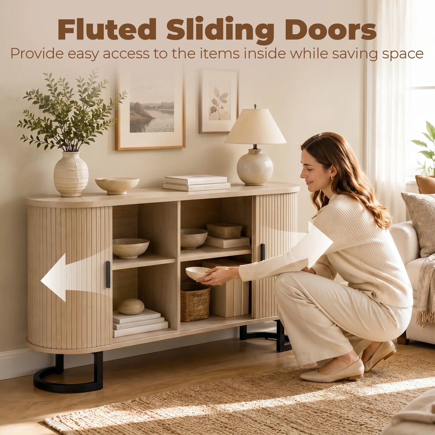 Fluted Sideboard Buffet Cabinet, 55", Natural