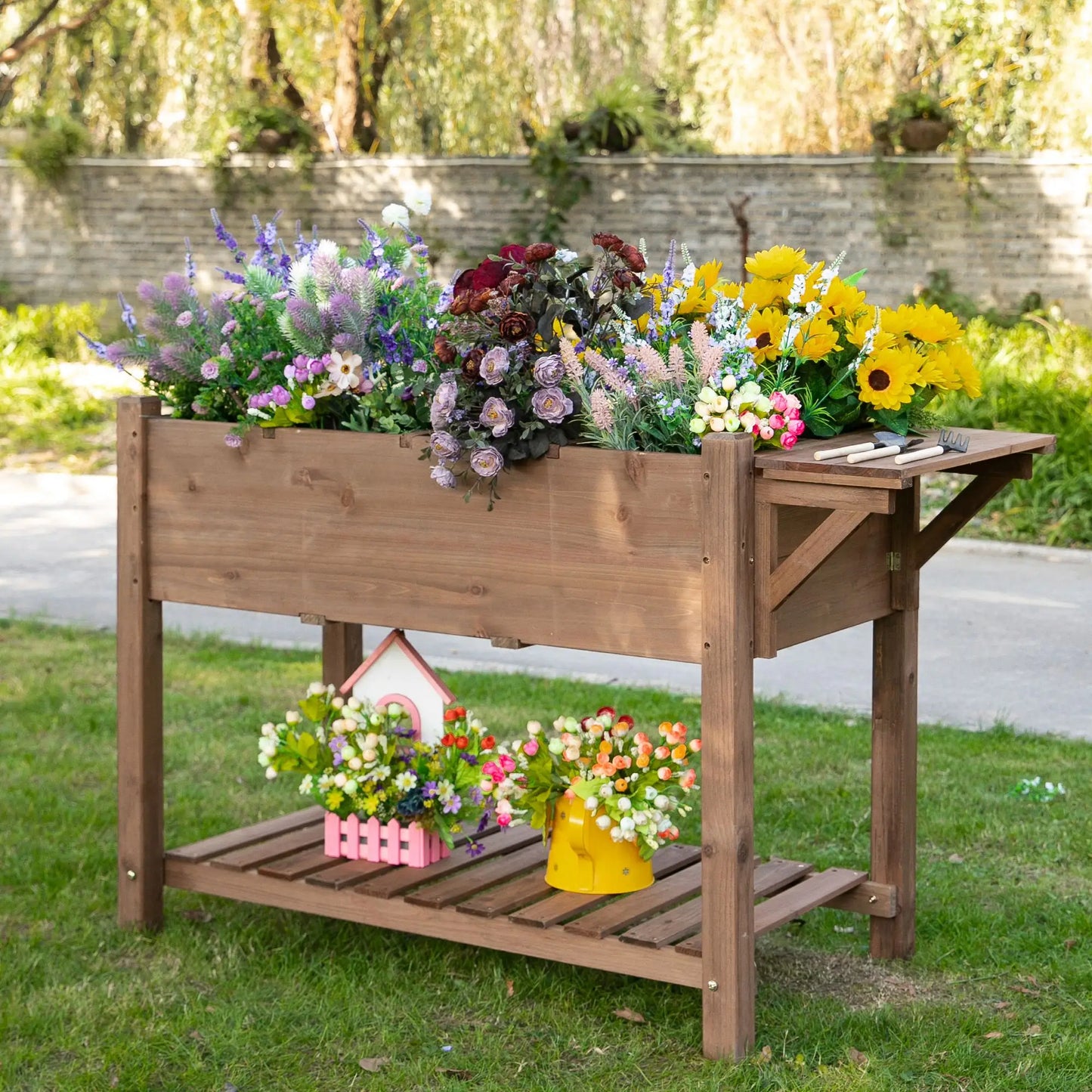 Raised Garden Bed, 8 Grids with Storage Shelf, Elevated Planter Box, Brown Elevated Garden Beds at Gallery Canada