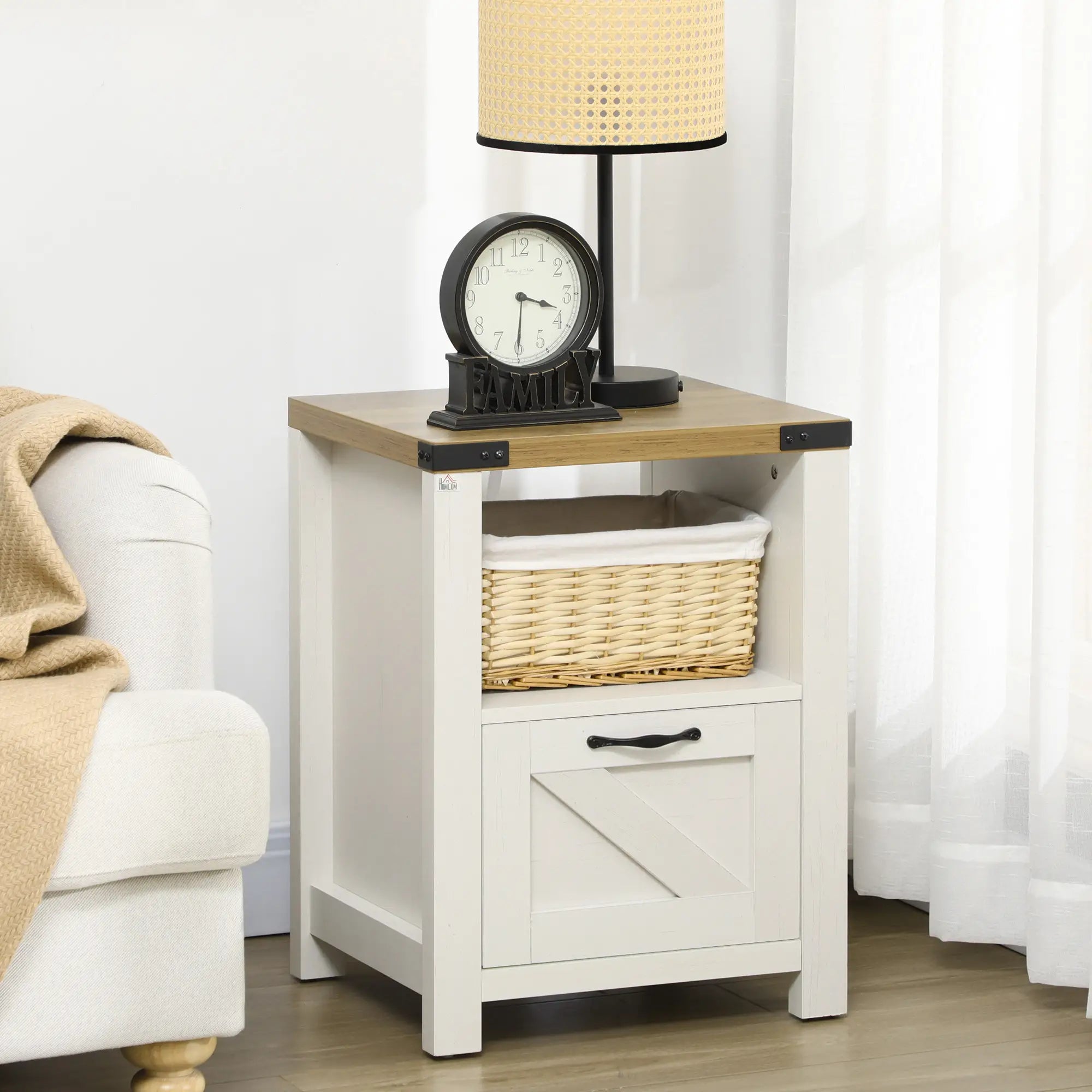 Farmhouse Side Table with Drawer, Open Shelf, White Side Tables at Gallery Canada