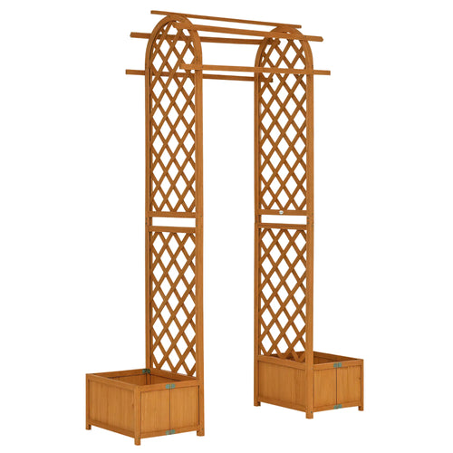 7.7FT Garden Arch, 2 Foldable Planter Boxes, Wooden Trellis Arbor, Brown