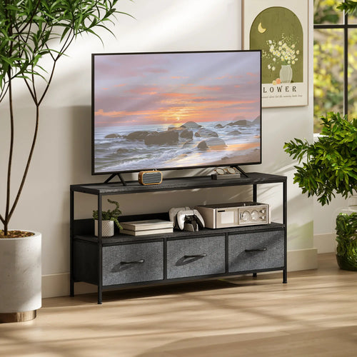 TV Stand with Charging Station, 3 Foldable Drawers, Open Shelf, 55 Inch, Black