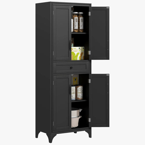 Freestanding Storage Cabinet, Kitchen Pantry, 2 Shelves, 4 Doors, Black