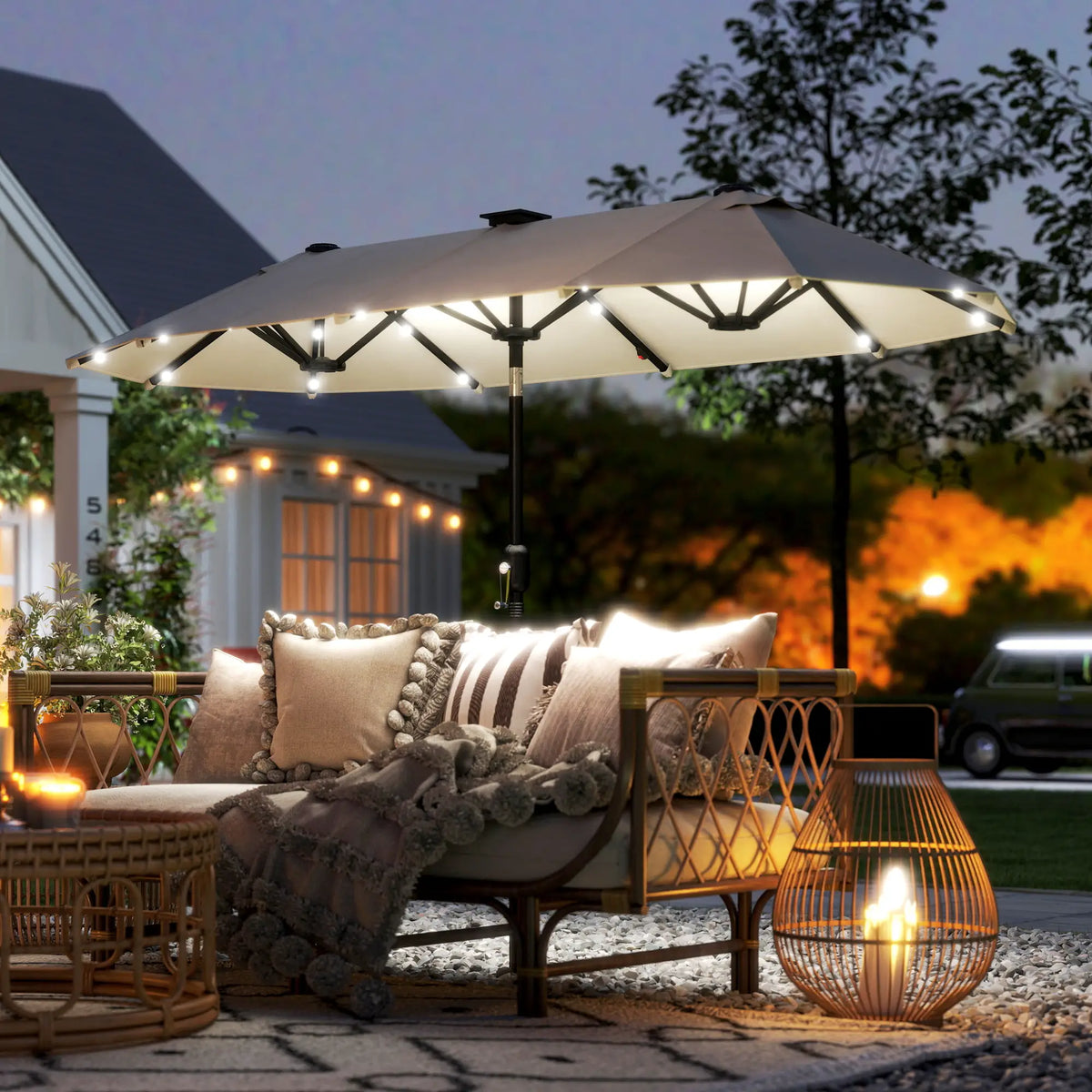 10ft Double-Sided Patio Umbrella, 35 LED Lights, 12 Ribs, Beige Double-sided Umbrellas at Gallery Canada