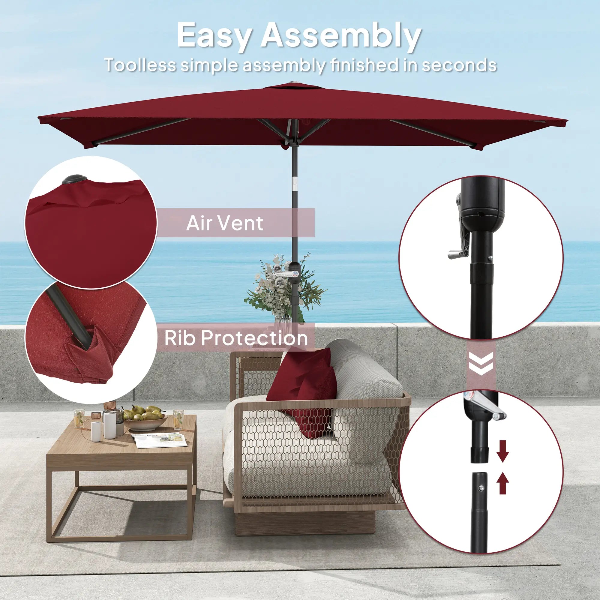 6.6x9.6ft Rectangle Aluminum Tilt Patio Umbrella, Outdoor Sunshade, Wine Red Sun Umbrellas at Gallery Canada